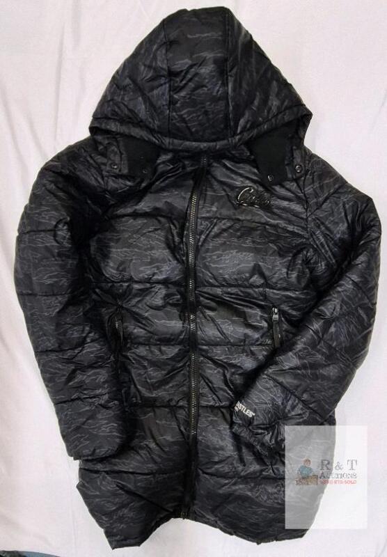 Crooks & Castles Hooded Puffer Jacket, Black Pattern, Men's Medium, Embroidered Logos