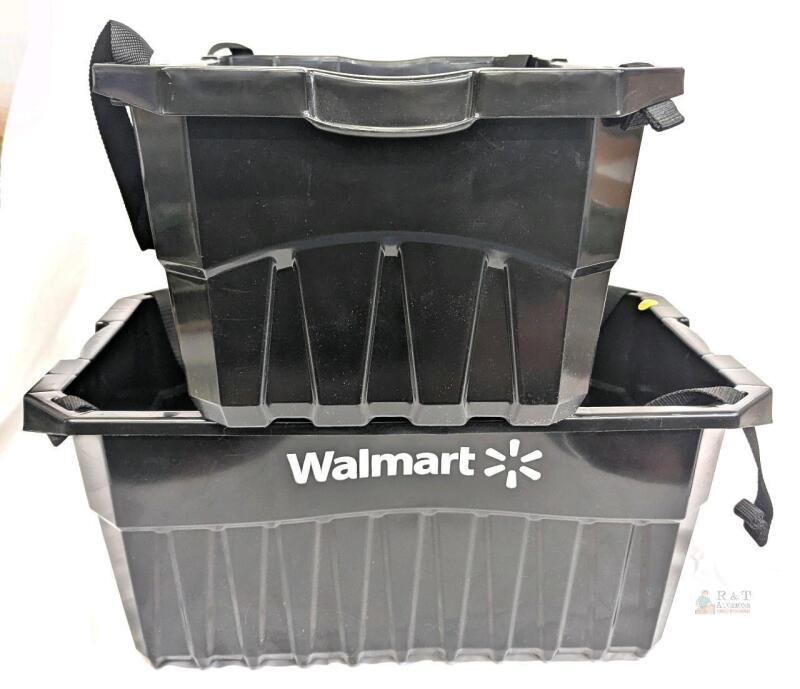 Walmart 27 Gal Black Plastic Stackable Tote Bins with Straps - Set of 2, 24"x16"x12"