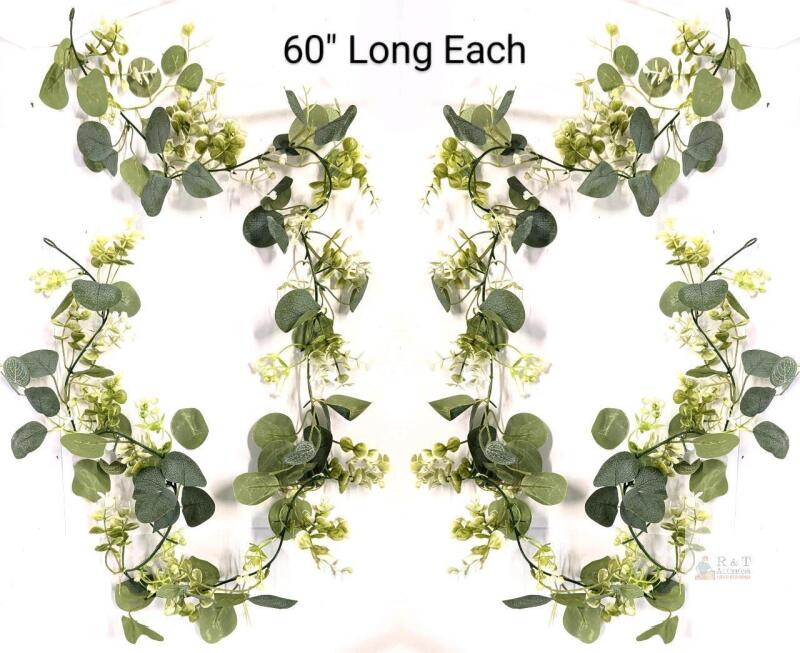 NEW Artificial Eucalyptus Garland 2-Pack, 60" Each, Green Leaves with White Flowers, Wedding/Home Decor