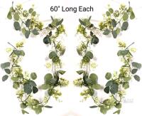NEW Artificial Eucalyptus Garland 2-Pack, 60" Each, Green Leaves with White Flowers, Wedding/Home Decor