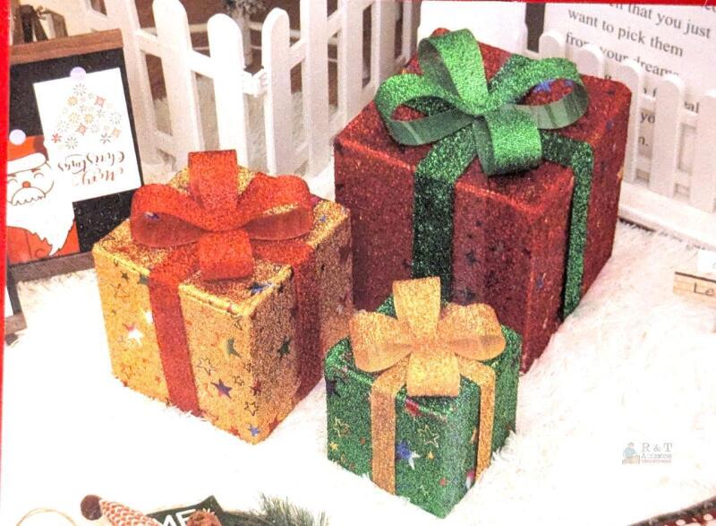 Set of 3 Lighted Christmas Gift Boxes, 50 LEDs, Remote Control, 3 Sizes, Indoor/Outdoor Decor