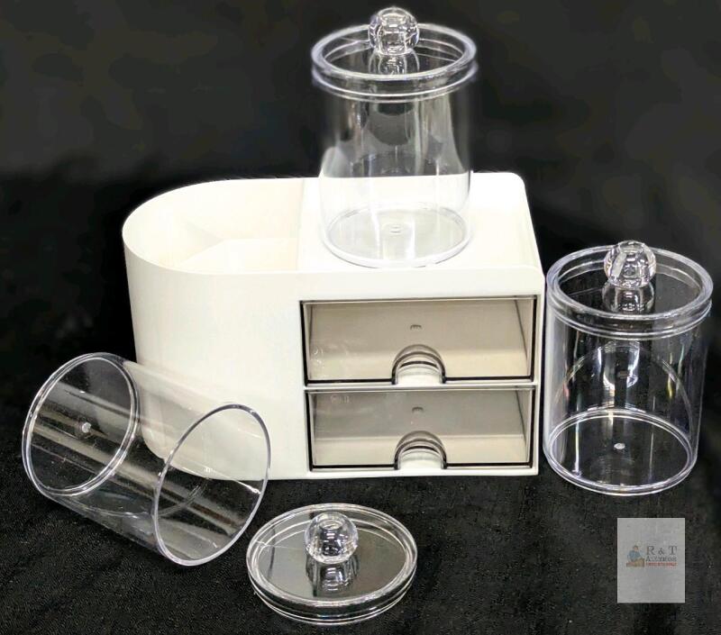 NEW Acrylic Cosmetic Organizer with 3 Clear Canisters, 2 Drawers, Modular Design, White Base
