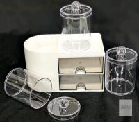 NEW Acrylic Cosmetic Organizer with 3 Clear Canisters, 2 Drawers, Modular Design, White Base