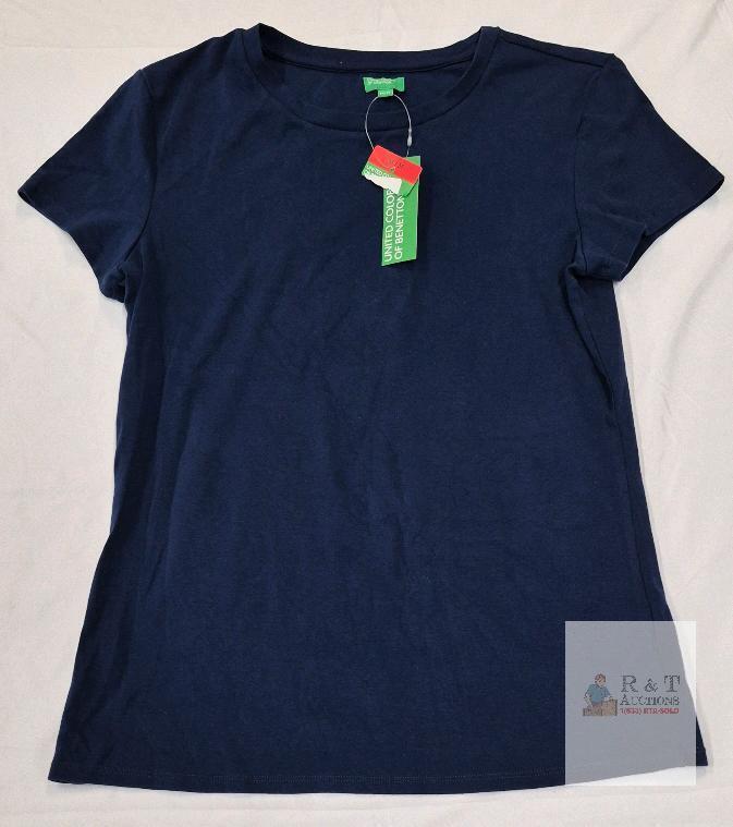 NEW United Colors of Benetton Women's Navy Blue Crew Neck T-Shirt, Size M, 100% Cotton, New with Tags