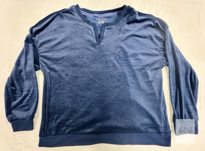 NEW Nautica XXL Navy Blue Velour Pullover Sweatshirt &ndash; Men&rsquo;s Long Sleeve Crewneck, Made in Cambodia