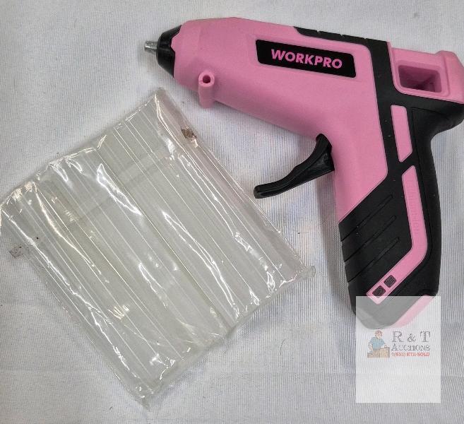 WORKPRO W125054A Cordless Glue Gun, 3.6V 2600mAh, 20W, 5/16in Sticks, Pink/Black, Serial# 20W440254 UNTESTED NO CORD