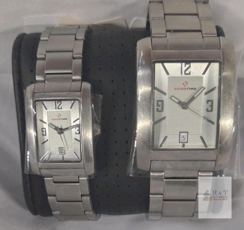 Swiss Time Rectangular Quartz Stainless Steel Matching His & Hers Watches, Date Display, Analog