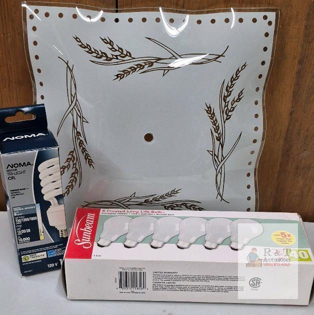 14" Glass Wheat-Pattern Ceiling Shade, Sunbeam 40W 130V Bulbs (6pk), NOMA Tri-Light CFL
