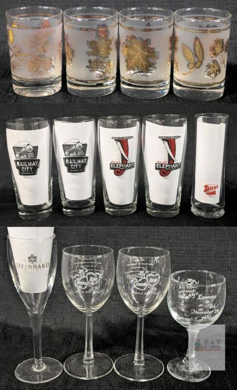 Mixed Lot of 13 Brewery, Gold Leaf, and Commemorative Wine, Beer, Rocks, and Champagne Glasses