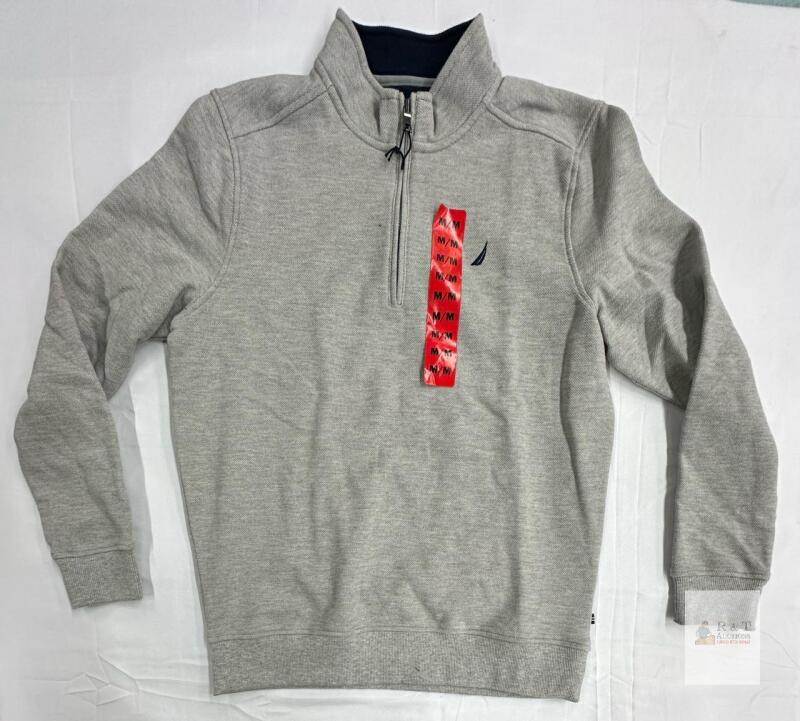 NEW Nautica Grey Quarter-Zip Pullover Sweater, Medium, Embroidered Logo, Long Sleeve