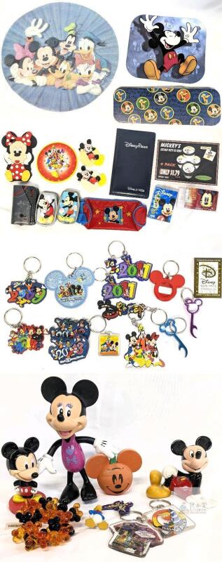 Disney memorabilia lot Disney Lot Mickey Mouse Keychains, 1995 Magnet, Figurines, Disney Parks Animal Kingdom Badge Overall good collectible condition with minor wear; some pieces have original tags.