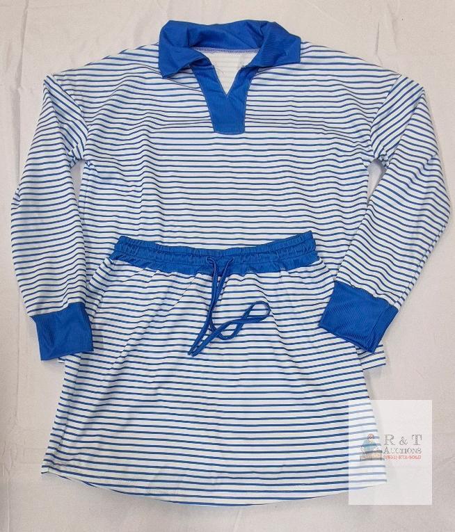NEW Blue Striped Long Sleeve Pajama Set, Medium, Elastic Waist Shorts, Drawstring