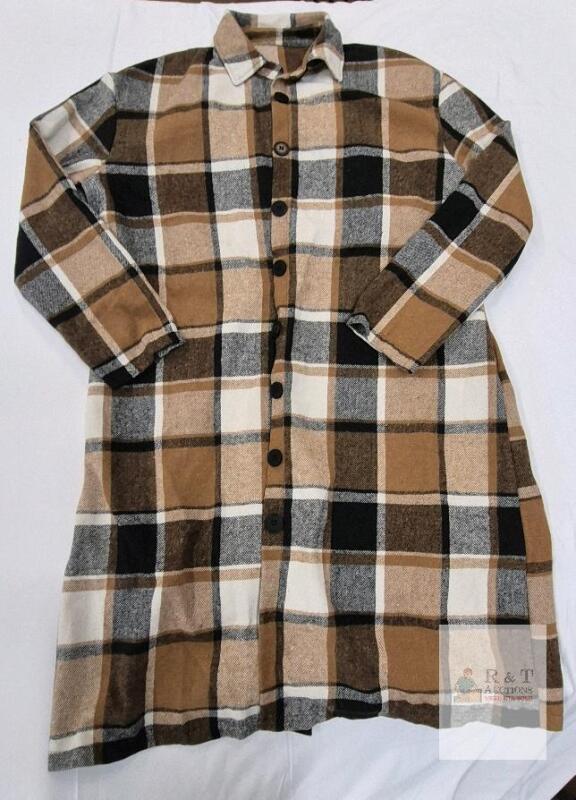 NEW Plaid Shirt Dress XL Brown Black White Button Down Long Sleeve H06Y55-111-05