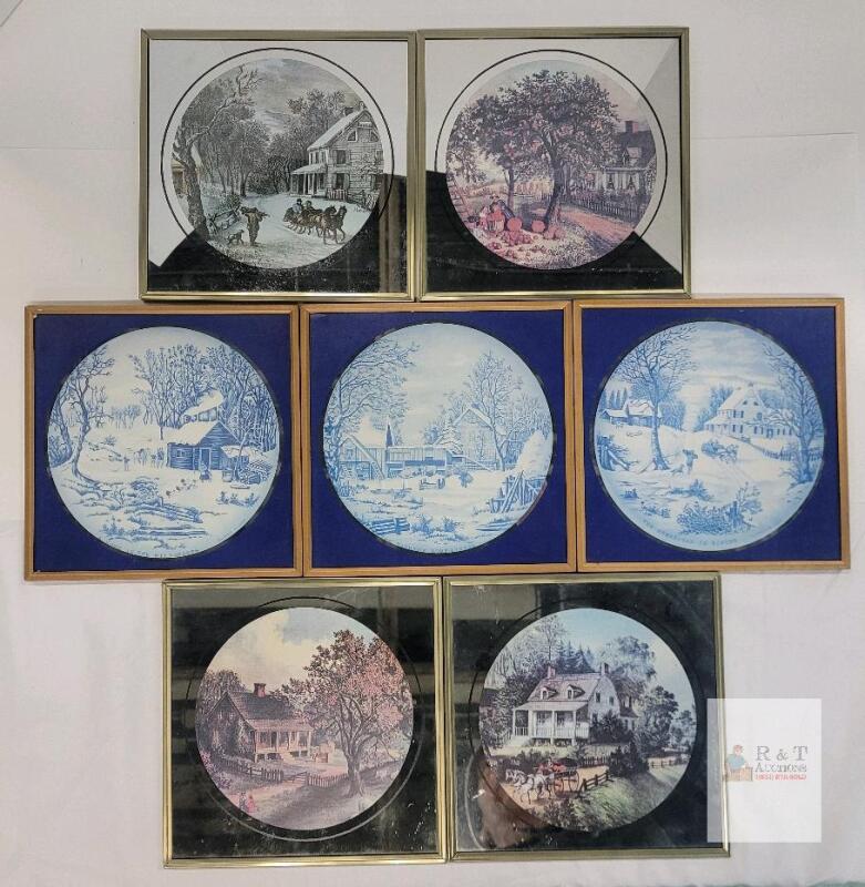 Framed Currier & Ives Style Americana Prints - Set of 7, Seasonal Rural Homestead Scenes, 10.5"x10.5"