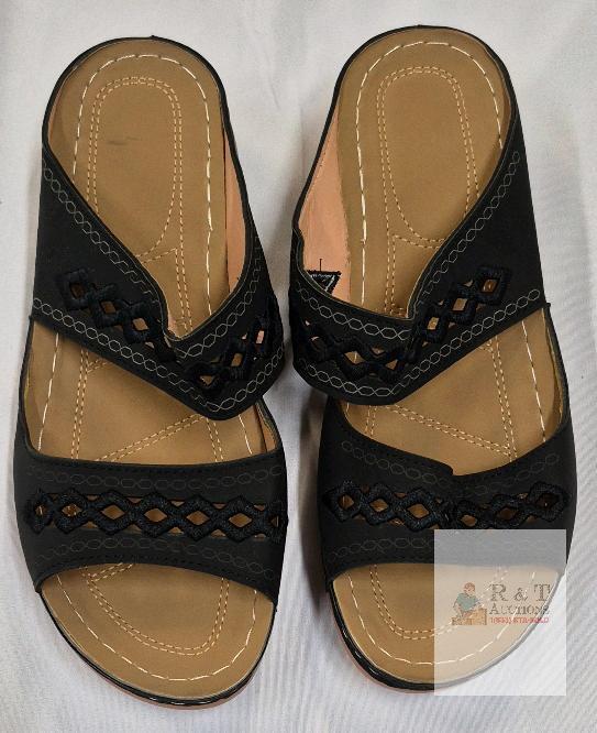 NEW Black Women's Slip-On Casual Sandals, Size US 10, Synthetic Upper, Embroidered Straps, Open Toe