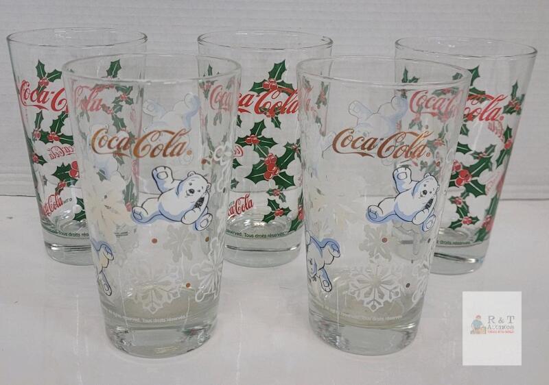 Coca-Cola Holiday Pint Glass Set &ndash; 5pc, 16oz, Polar Bear & Holly Designs, Vintage Collectible