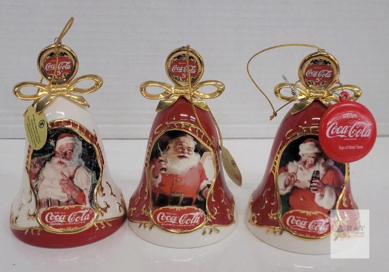 3 Coca-Cola Ceramic Santa Bell Ornaments, Enesco, 5.5" Tall, 1990s, With Tags