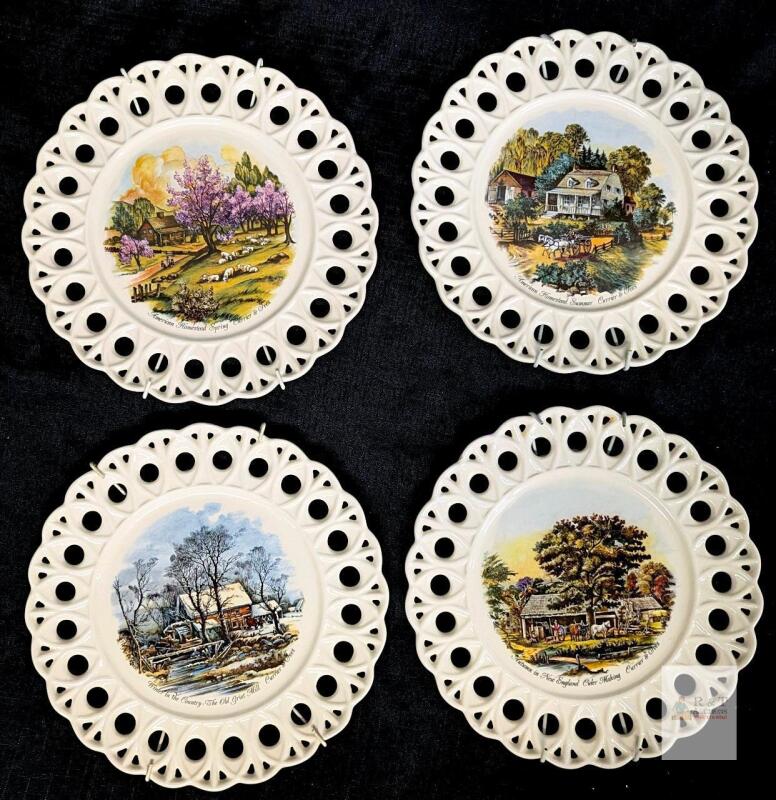 Currier & Ives Four Seasons Decorative Reticulated Collector Plates Set 9.5", Pastoral Scenes