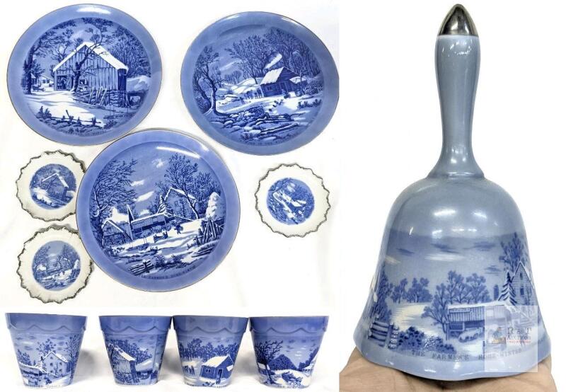 Vintage Japan Blue & White "The Farmer's Home Winter" Plates, Cups & Bell -