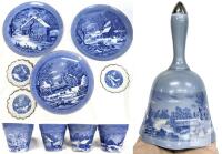 Vintage Japan Blue & White "The Farmer's Home Winter" Plates, Cups & Bell -