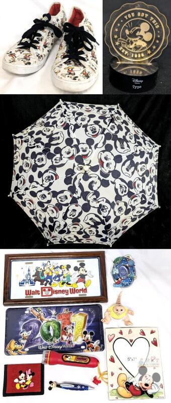 Disney Collectible Lot: Size 9 Mickey Sneakers, Umbrella, License Plates, Wallet, Typo Sign