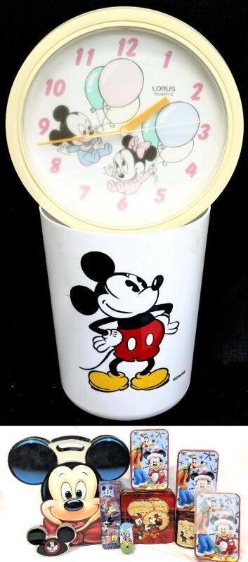 Disney Mickey Mouse Collectibles Lot &ndash; Lorus Quartz Wall Clock, Large Face Case, Tins & More