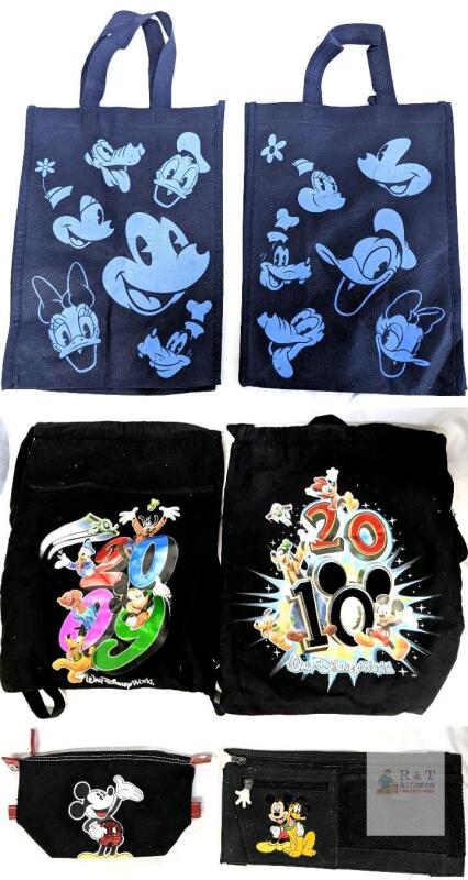 Disney Lot: 2 Tote Bags, 2 Drawstring Backpacks (2009, 2010), 2 Zipper Pouches, Mickey & Friends