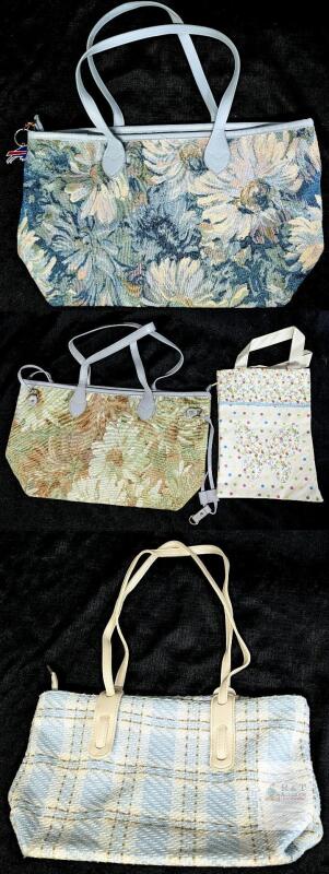 Floral and Plaid Tapestry Tote Handbags with Faux Leather Handles, Zipper Closures, Mixed Patterns