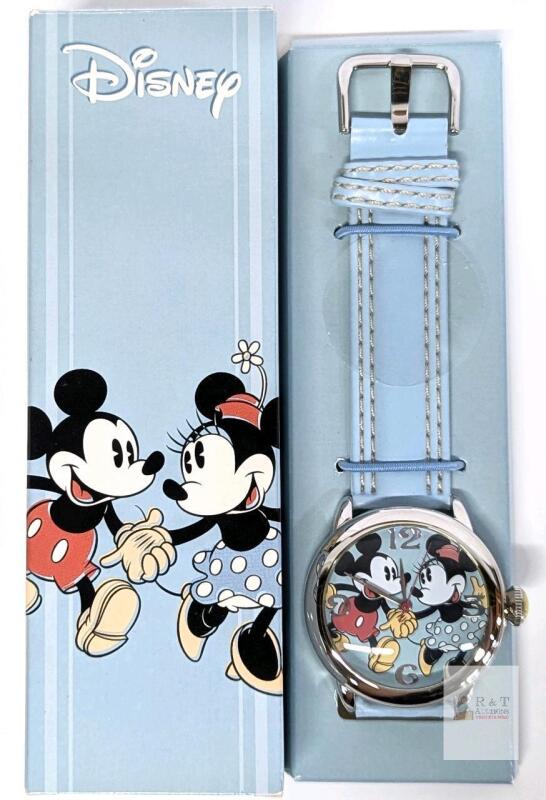 Disney Mickey & Minnie Mouse Analog Quartz Watch, Light Blue Band, Original Box, Needs Battery