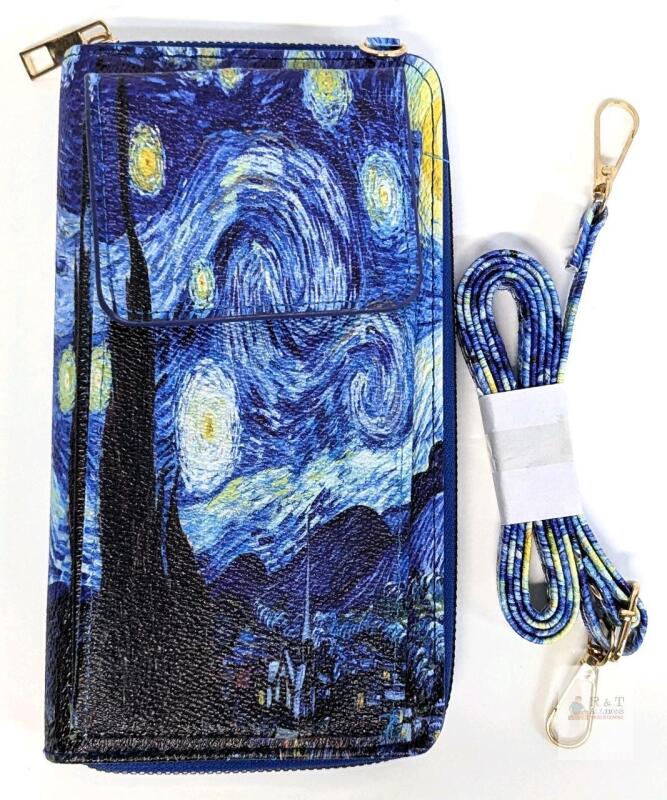 Starry Night Zipper Wallet Purse with Detachable Strap, PU Leather, 8 Card Slots, Coin Pocket