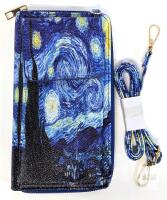 Starry Night Zipper Wallet Purse with Detachable Strap, PU Leather, 8 Card Slots, Coin Pocket