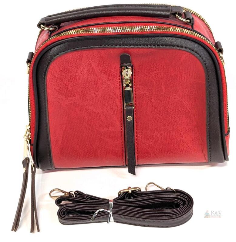 Red PU Leather Crossbody Handbag, 9"x7"x4", Gold Hardware, Dual Handles, Adjustable Strap