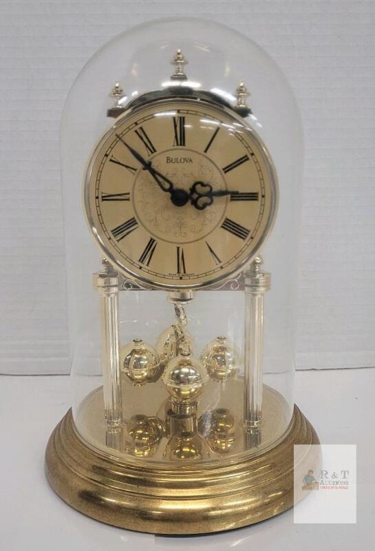 Bulova Anniversary Clock, Quartz, Glass Dome, Gold-Tone, Made in Germany, 11.5" Tall