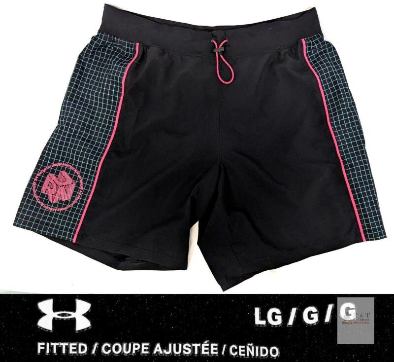 NEW Under Armour 1370331 Men's Fitted Boardshorts Large Black Pink Grid MSRP $80 Swim Athletic