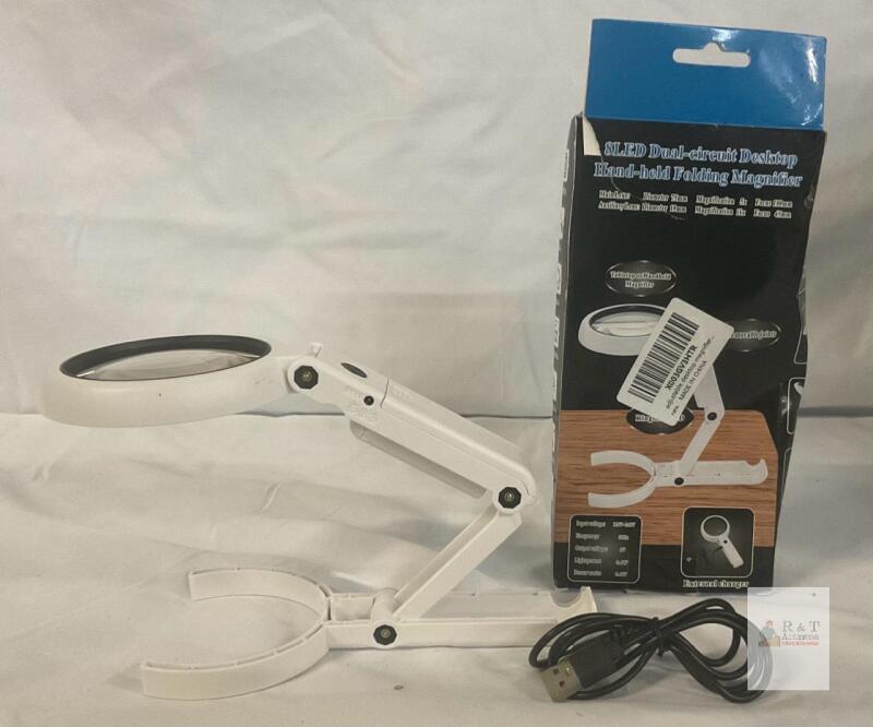 8 LED Desktop Folding Magnifier, 5x/11x Lens, USB Rechargeable, Adjustable Arm Stand, Box