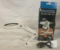 8 LED Desktop Folding Magnifier, 5x/11x Lens, USB Rechargeable, Adjustable Arm Stand, Box