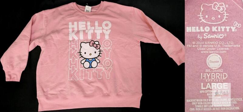 Sanrio Hello Kitty Pink Crewneck Sweatshirt Large 2024 Hybrid Apparel, 60% Cotton, SIL-34452
