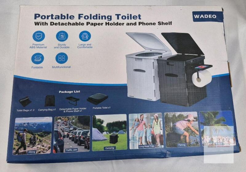 WADEO XL Portable Folding Toilet, 400 lbs Capacity, ABS, Paper Holder, Phone Shelf, Gray, SN X003HRBJ5J- OUTER BOX WEAR- PRODUCT FINE