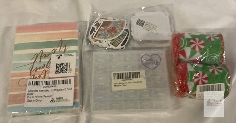 Mixed Craft Supplies Lot - 6 Notepads, 25 Honeysew Bobbins, 2 Wired Christmas Ribbons, Stickers