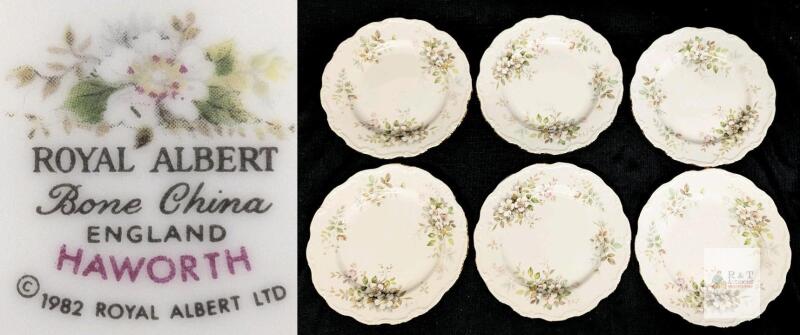 Royal Albert Haworth 1982 Bone China Salad/Dessert Plates Set of 6, England, 8 Inch Floral Gold Rim