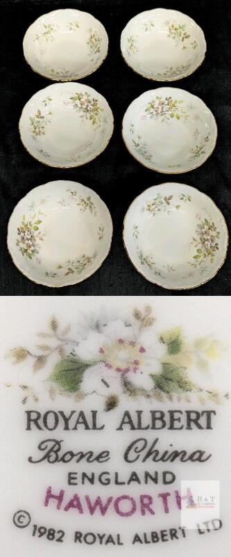 Royal Albert Haworth Bone China Bowls Set of 6, 5.5" Floral Gold Rim, England 1982