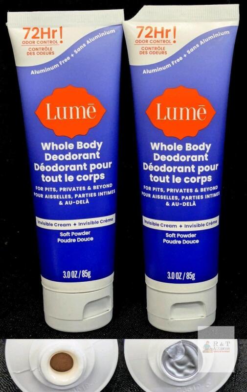 Lume Whole Body Deodorant Cream Soft Powder 3oz Tubes (2-Pack), Aluminum Free, 72Hr Odor Control