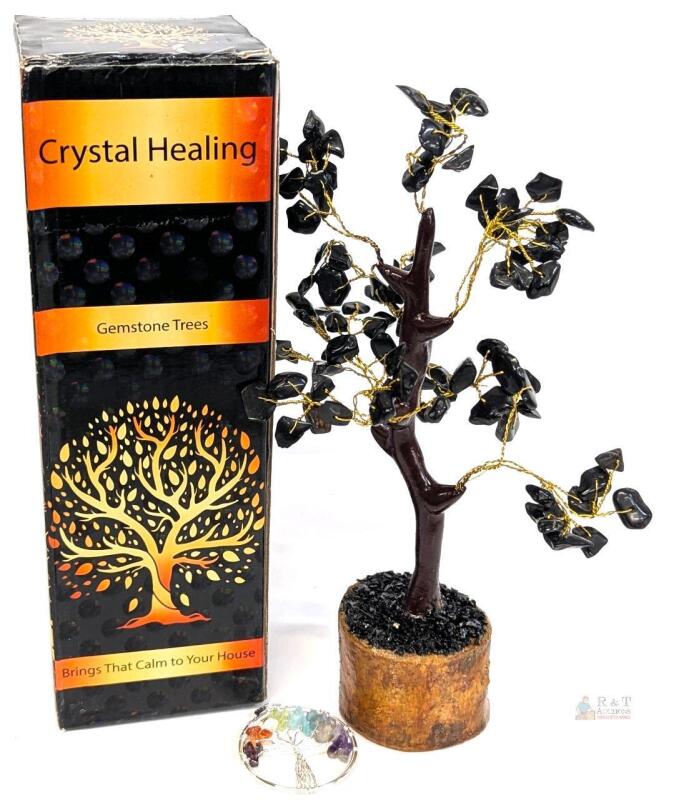 Black Tourmaline Crystal Healing Gemstone Tree, 7.5" Tall With Mixed Gemstone Pendant
