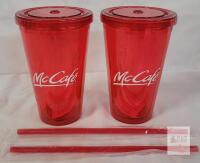 McCaf&eacute; Red Plastic Tumblers Set of 2, 16oz, With Lids & Straws, Double Wall, BPA-Free