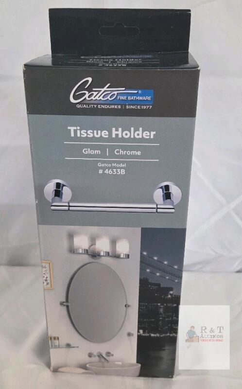 NEW Gatco Glam 4633B Chrome Wall Tissue Holder, Hand Polished, With Mounting Hardware, 7.5" Wide
