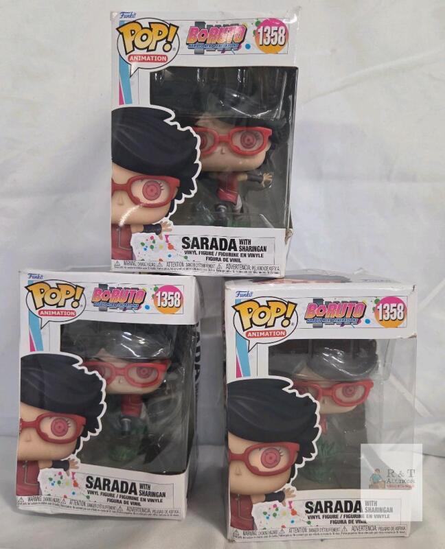 3 NEW Funko Pop! Animation Sarada with Sharingan #1358, Boruto, Original Box, 3.75-Inch Vinyl Figure- boxes may have some creases or minor bends