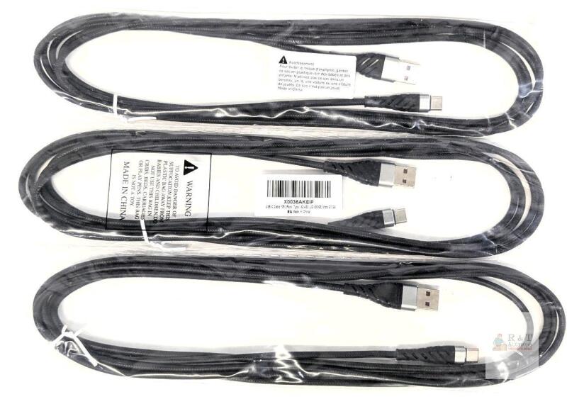 NEW 10ft USB-A to USB-C Cable 3-Pack, Braided, Compatible with Samsung, LG, Moto, Black, X0036AKEIP