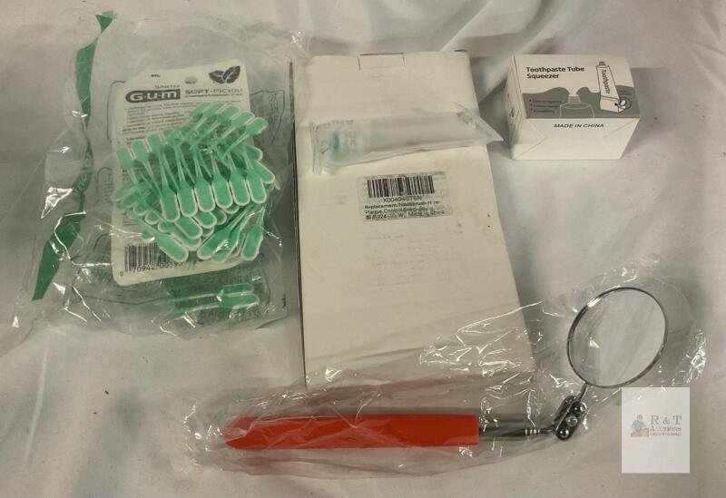 NEW Dental Hygiene Bundle: GUM Soft-Picks, Toothbrush Head X004040TEN, Tube Squeezer, Mirror