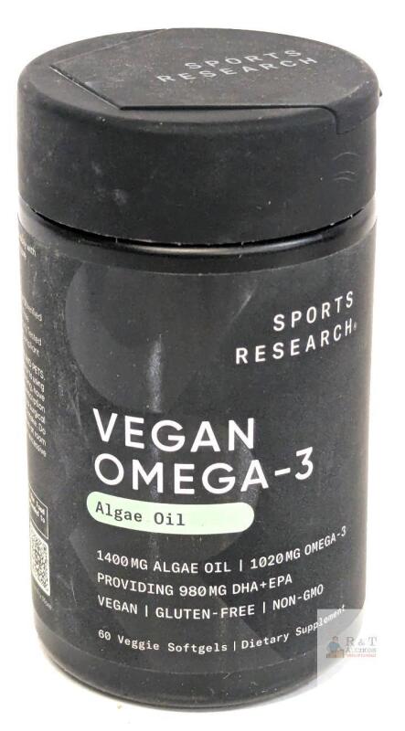 BB 11/27 Sports Research Vegan Omega-3 Algae Oil 60 Softgels, 1020mg Omega-3, 980mg DHA+EPA, Vegan