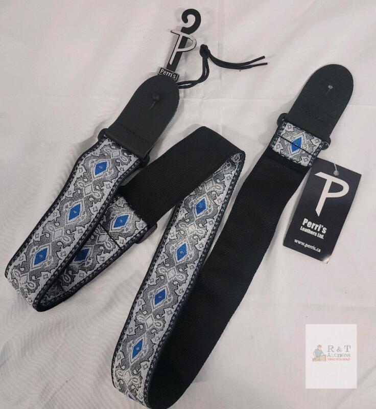 NEW Perri's Leathers TWS-7277 Jacquard Guitar Strap, 2in, Blue/Silver, Leather Ends, Made in Canada